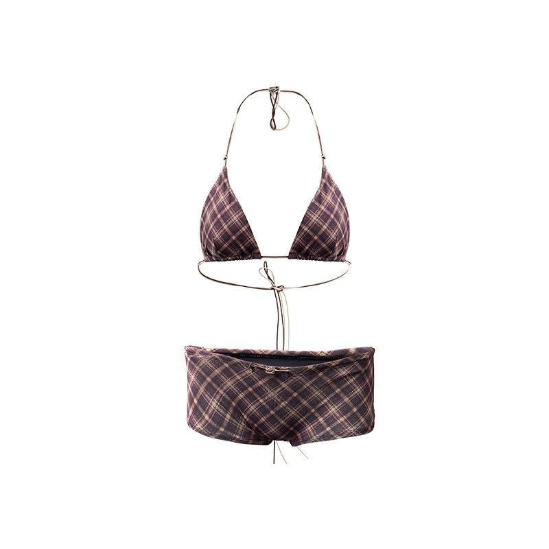 retro plaid tie side triangle bikini set mocha brown