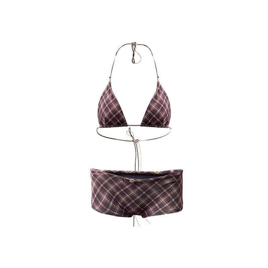 retro plaid tie side triangle bikini set mocha brown