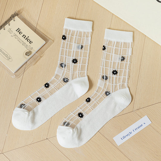 Sheer Floral Mid-Calf Socks Summer Sheer Glass Silk Hosiery
