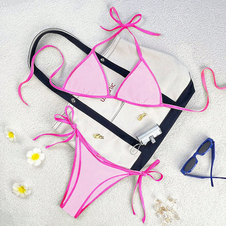 Colourful Tie-Strap Bikini Set with Bold Contrast Piping