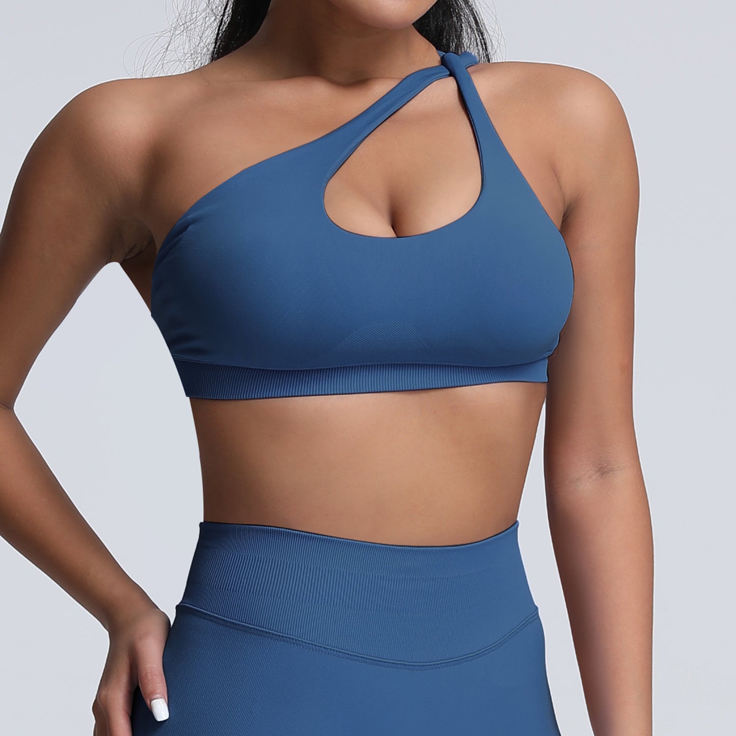 seamless matte nylon sports bra with shoulder strap and open back