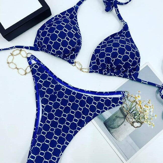 Summer Chain Bikini Set - Geometric Print with Gold Hardware