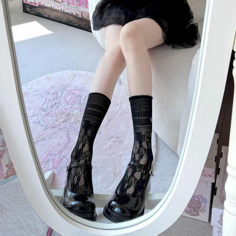 Sheer Lace Mid-Calf Socks Ballet Style Floral Mesh Tulle Socks