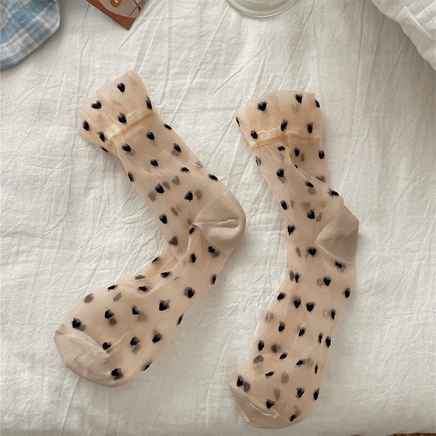 Sheer Heart Pattern Socks for Women - Cute Japanese Style Mid Calf Sheer Socks