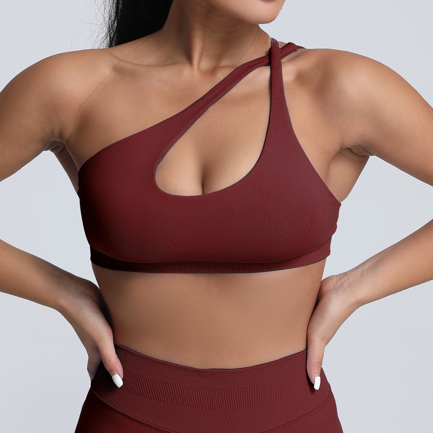 seamless matte nylon sports bra with shoulder strap and open back