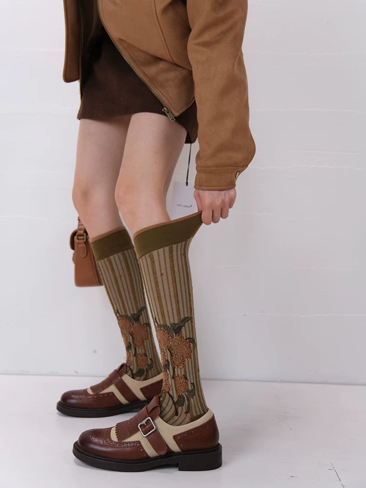 Vintage Green Patterned Knee High Socks Retro Hepburn Style