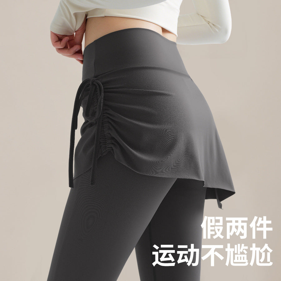 High-Waist Faux Two-Piece Flare Yoga Pants Drawstring Skirt