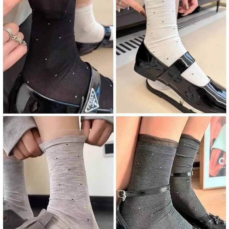 Sheer Polka Dot Lace Edge Socks Ballet Style Breathable
