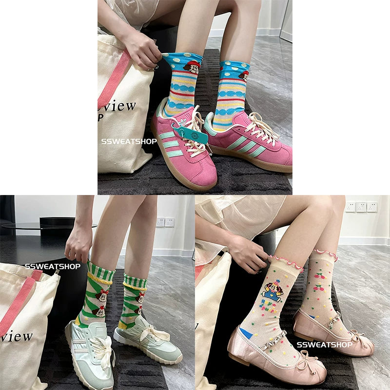Sheer Lace Cute Dog Pattern Mid Calf Socks for Women - Breathable Thin Fashion