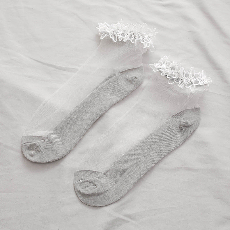 Lace Trim Sheer Ankle Socks - Cute Ruffle Cotton Socks