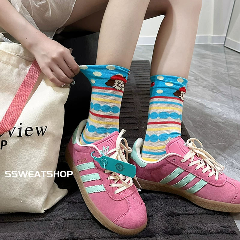 Sheer Lace Cute Dog Pattern Mid Calf Socks for Women - Breathable Thin Fashion