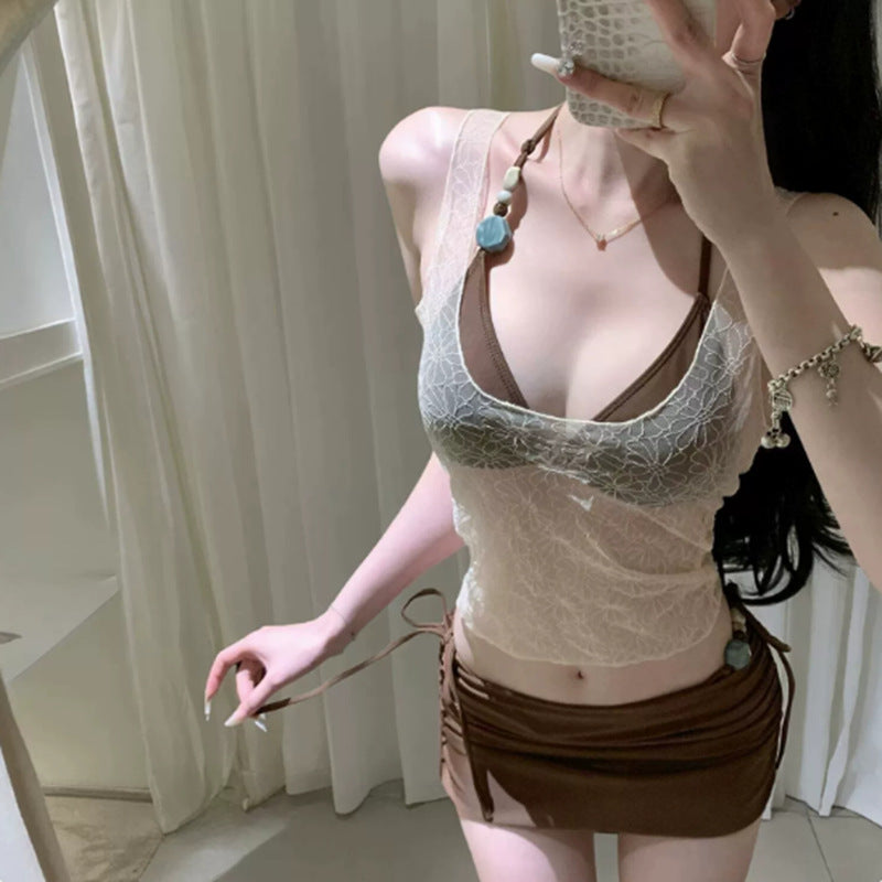 mesh bikini set with gold tie details for summer beach
