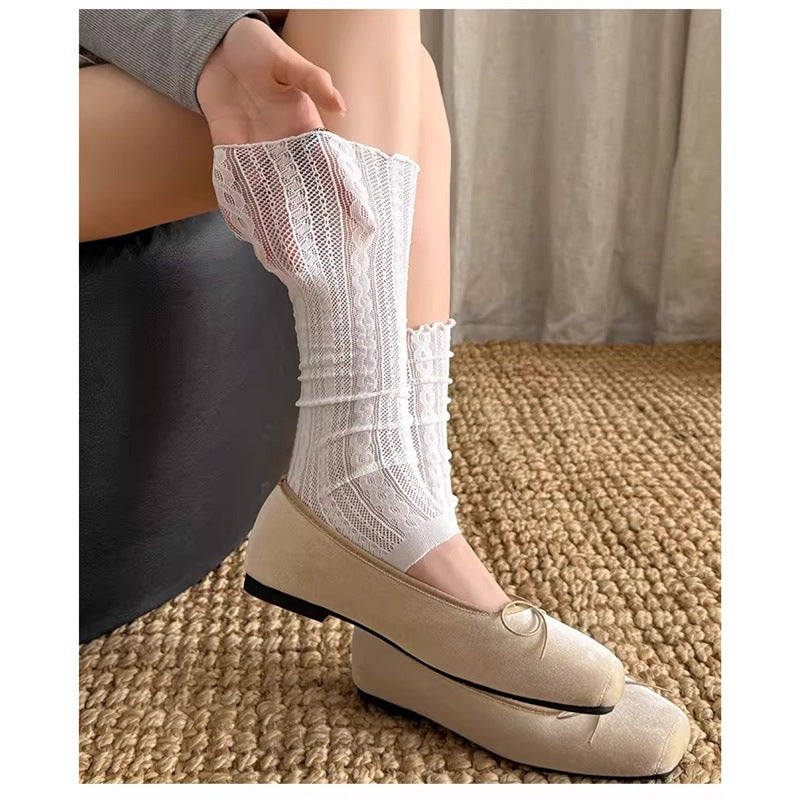 Lace Frill Leg Warmers Ballet Style Scrunch Socks Cream White Black