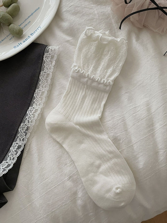 Lace Trim Ballet Style Mid Calf Socks for Women Pure Cotton