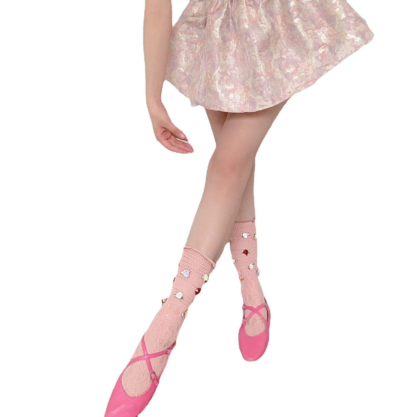Sweet Floral Lace Mid-Calf Socks Ballet Style Pink