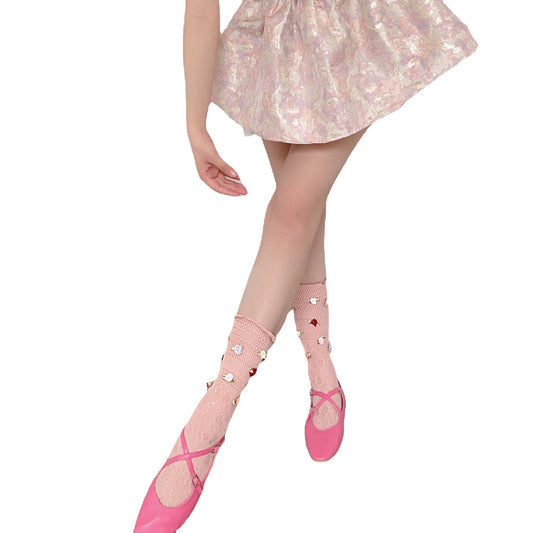 Sweet Floral Lace Mid-Calf Socks Ballet Style Pink
