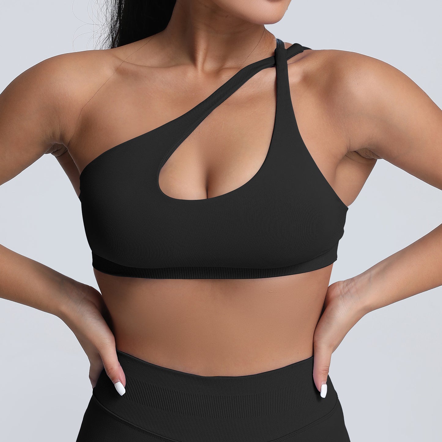 seamless matte nylon sports bra with shoulder strap and open back