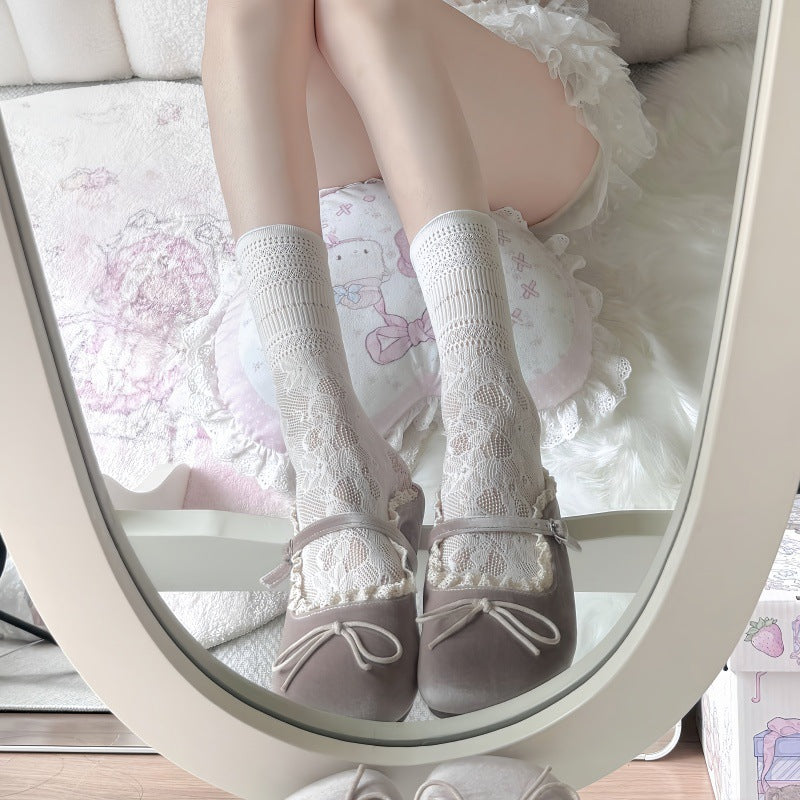 Sheer Lace Mid-Calf Socks Ballet Style Floral Mesh Tulle Socks