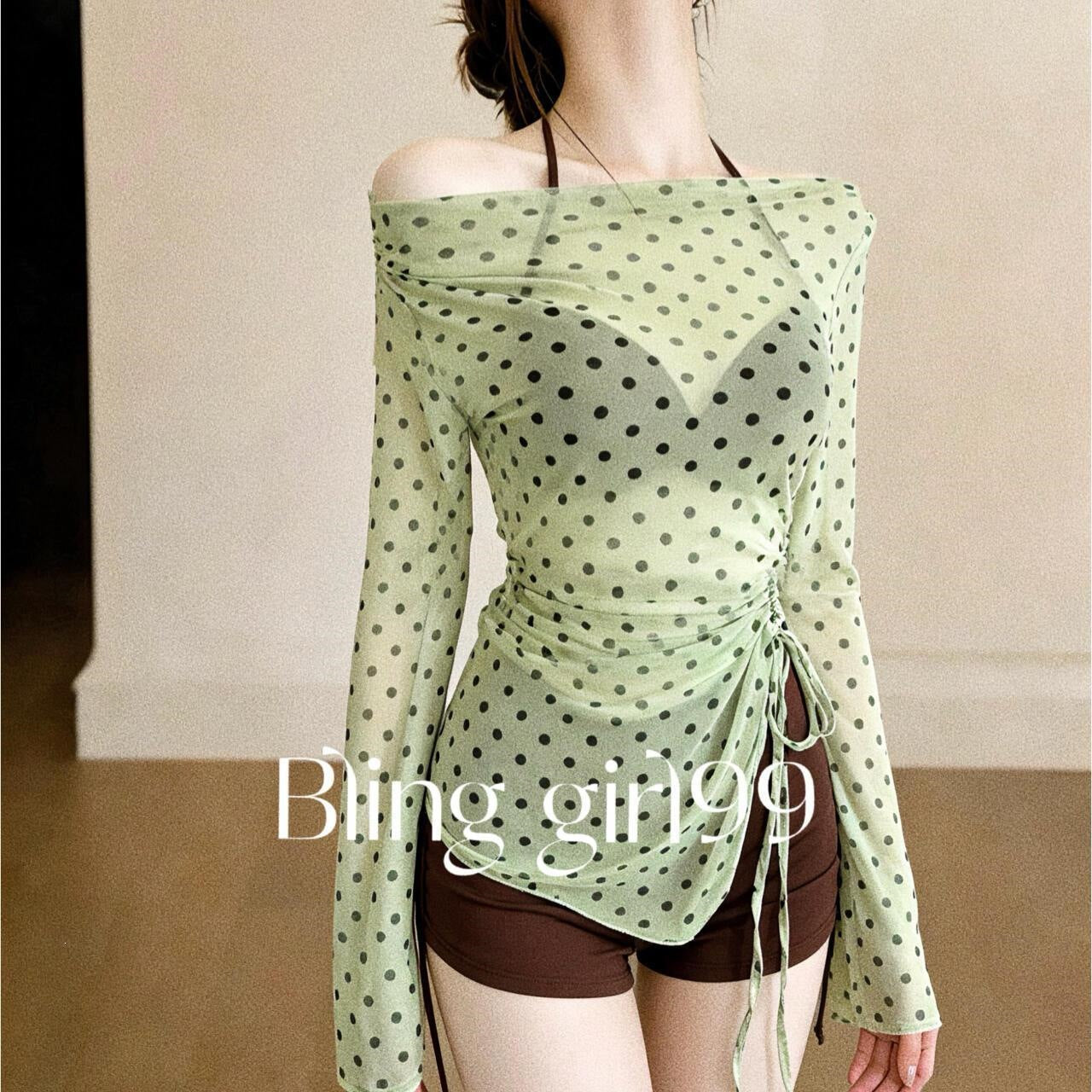 Sage Green Polka Dot Split Two-Piece Long Sleeve Swimwear