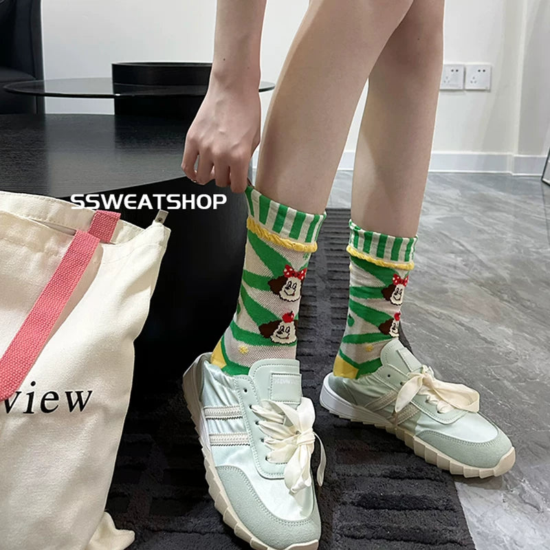 Sheer Lace Cute Dog Pattern Mid Calf Socks for Women - Breathable Thin Fashion