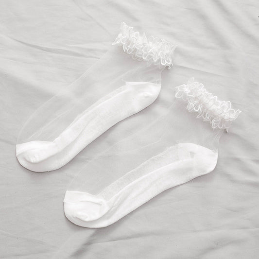 Lace Trim Sheer Ankle Socks - Cute Ruffle Cotton Socks