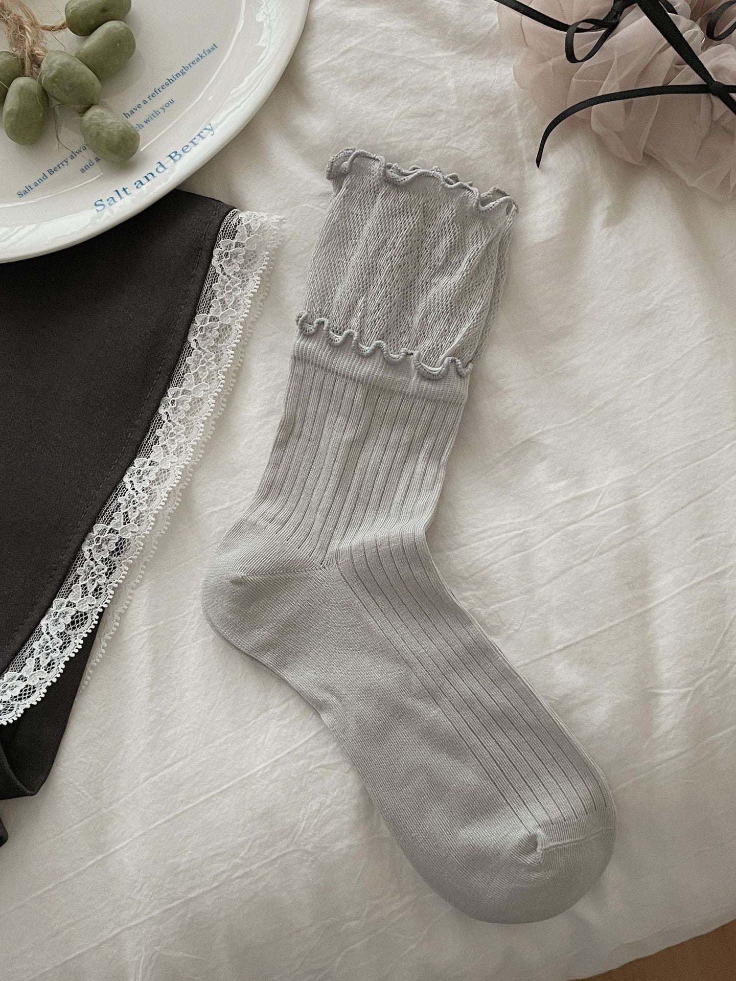 Lace Trim Ballet Style Mid Calf Socks for Women Pure Cotton