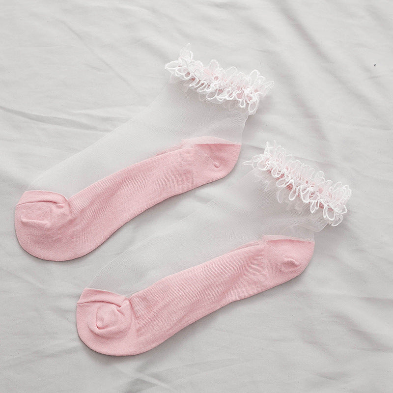 Lace Trim Sheer Ankle Socks - Cute Ruffle Cotton Socks