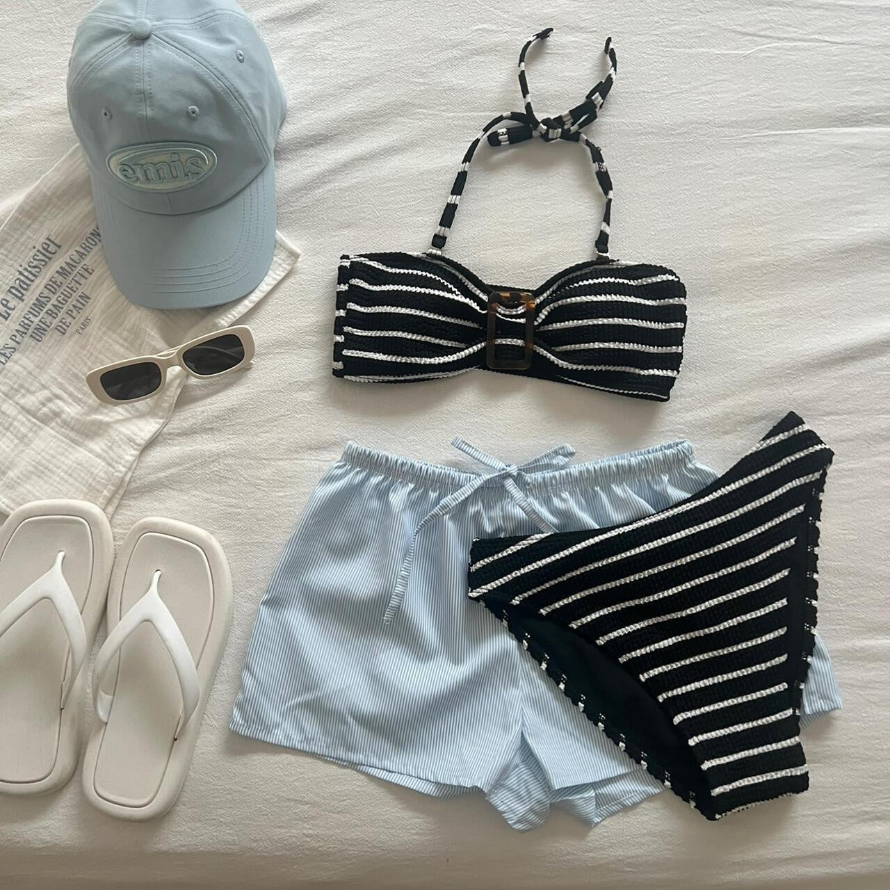 Black Striped Bandeau Bikini with Bow Tie