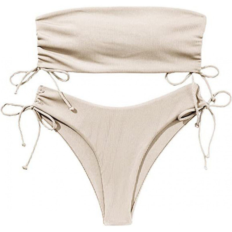 Sexy Ruched Bandeau Bikini Set - Pure Color Swimwear