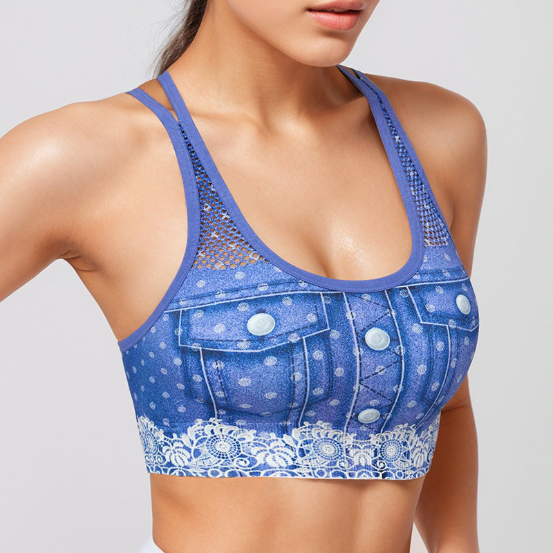 Powder Blue Denim Print Sports Bra