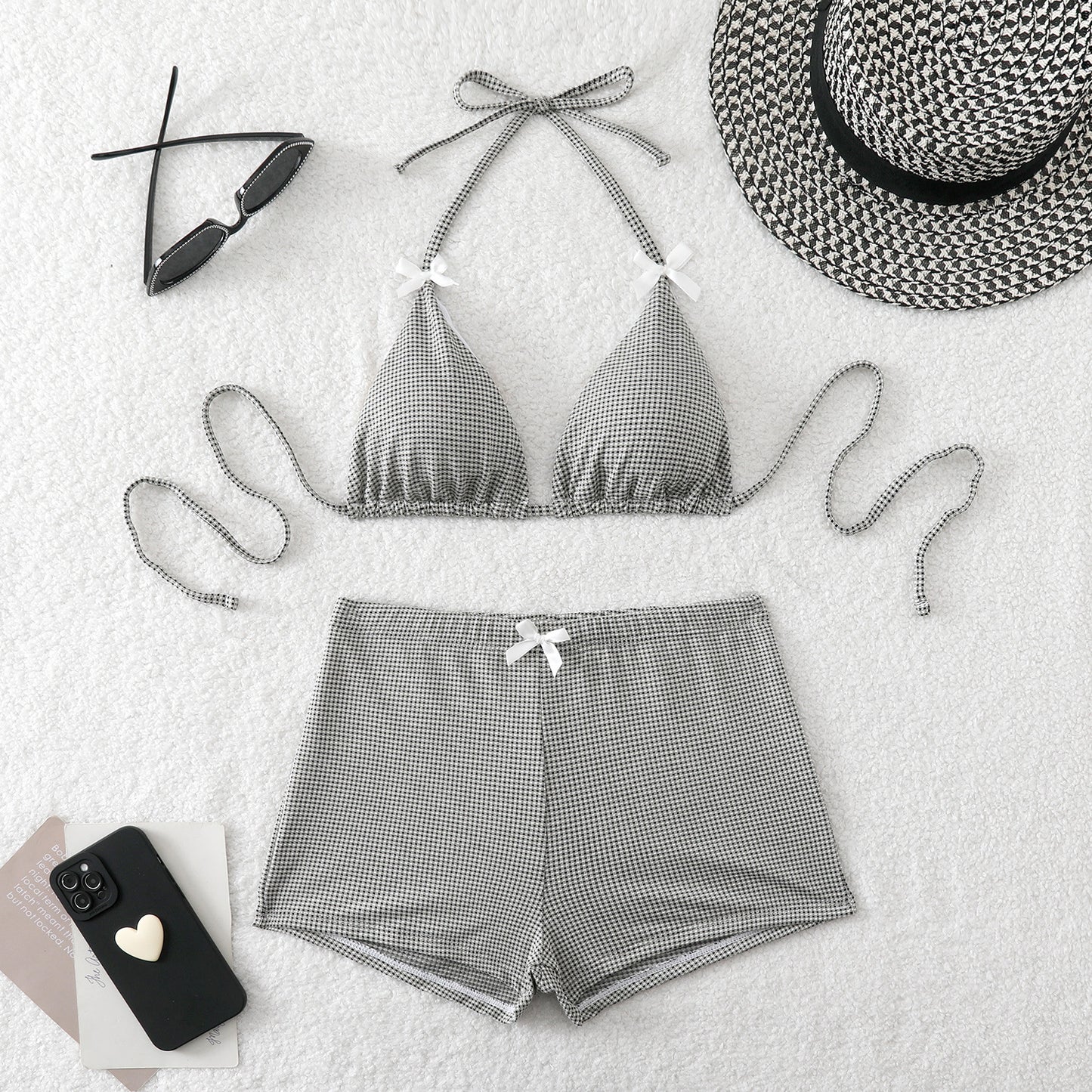 Bikini set with bow ties, striped high-waist shorts and contrast trim