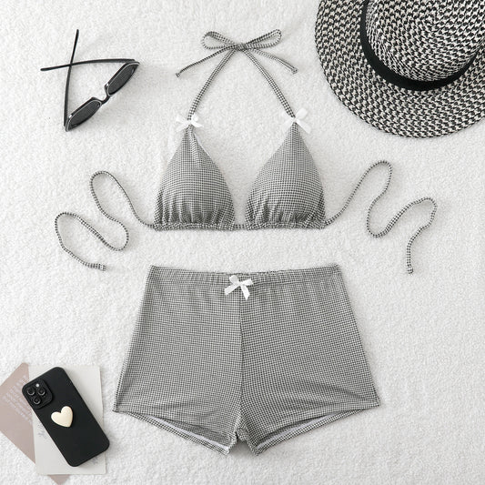 Bikini set with bow ties, striped high-waist shorts and contrast trim