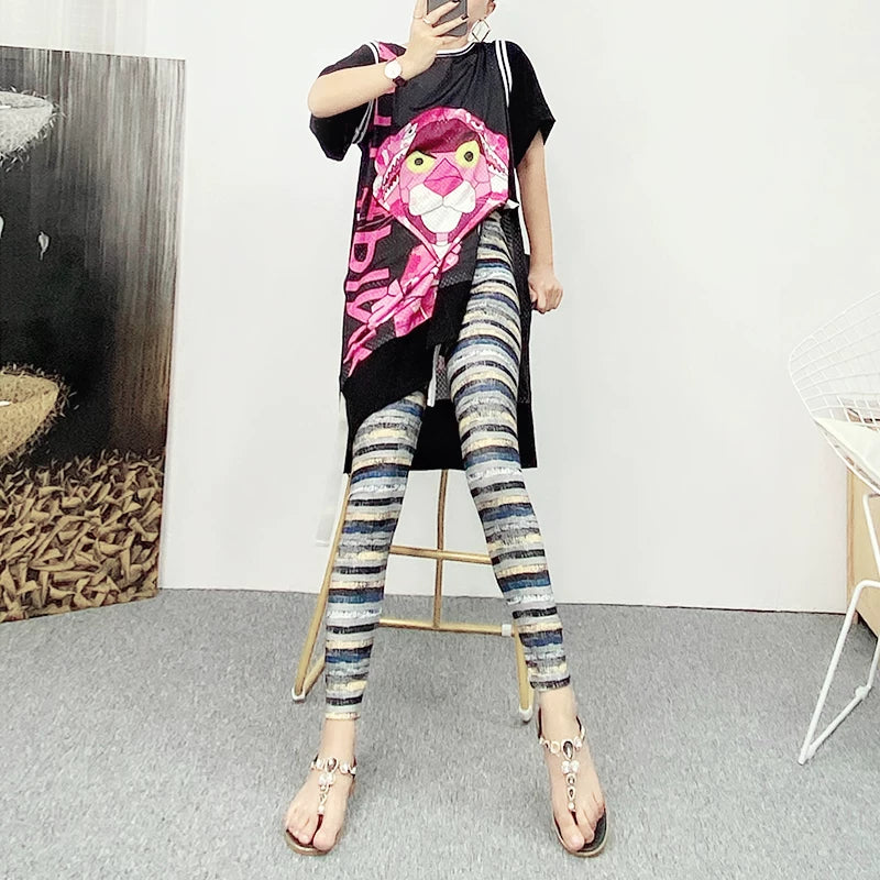 Sheer Mesh Striped High Waisted Leggings for Women