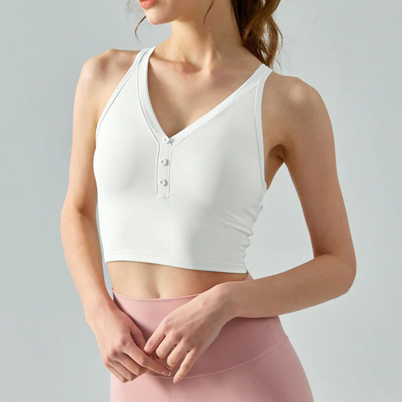 Nude V-Neck Cross Back Crop Sports Bra Women - Fitness Activewear