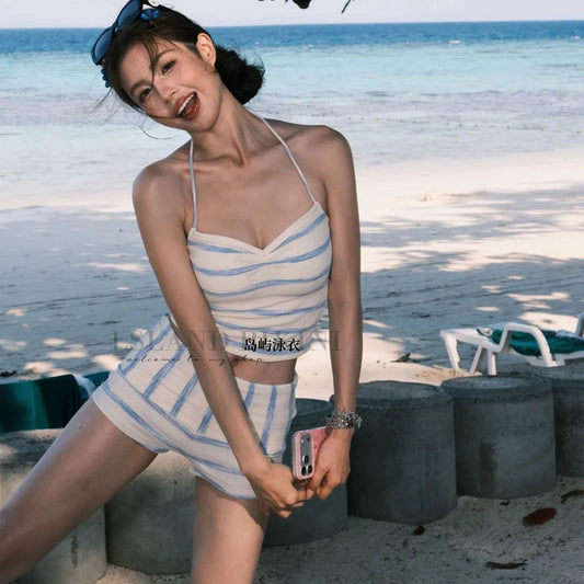 Halter Neck Striped Bikini Set - Blue & White