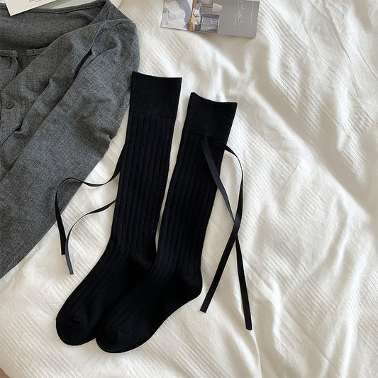 Cute Knee High Socks with Bows - Ribbed Ribbon Tie Calf Socks