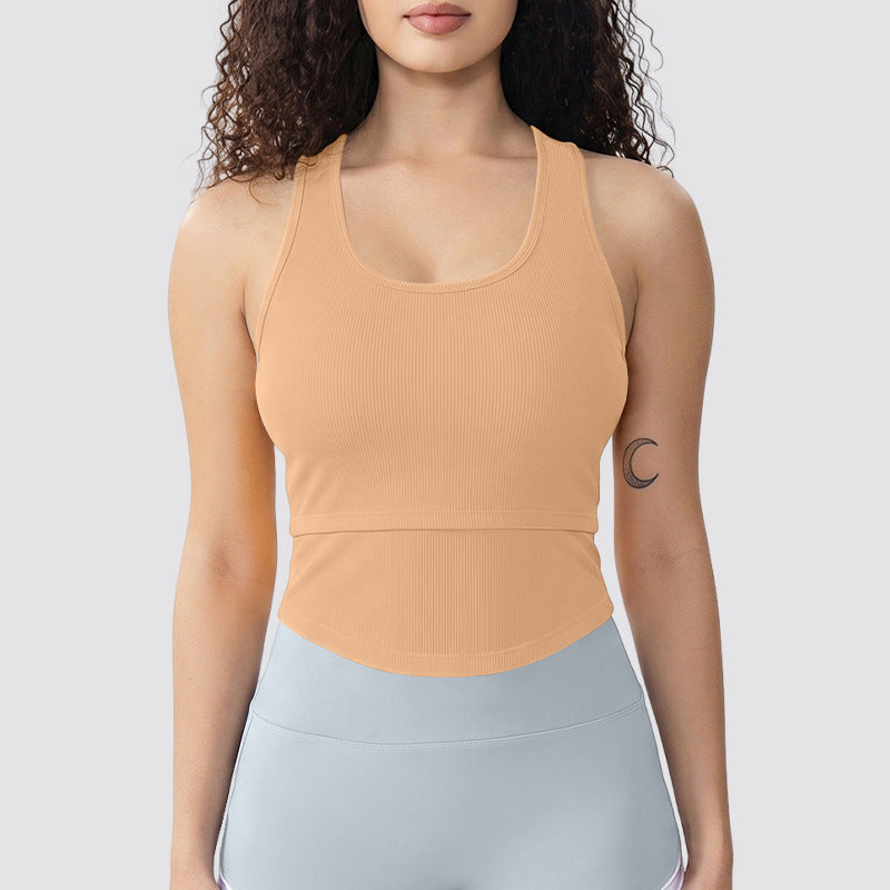 Ribbed Sport Tank Top - Arc Hem Camisole Yoga Bra with Chest Pad