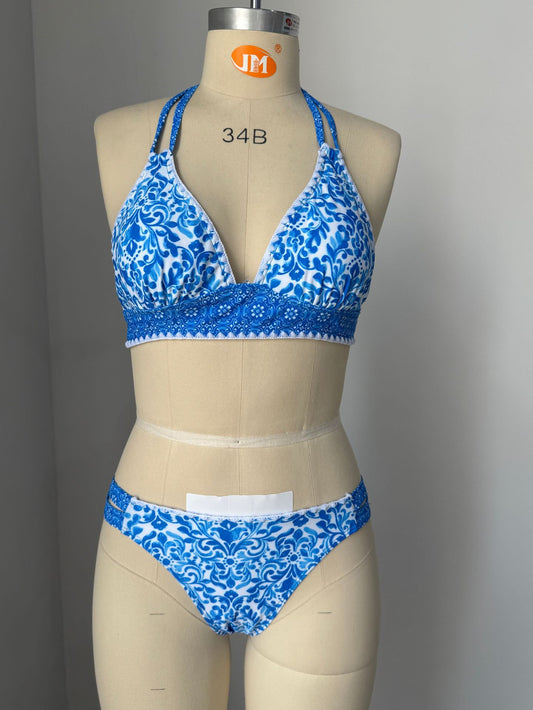 Halter Neck Lace Trimmed Floral Print Bikini Set