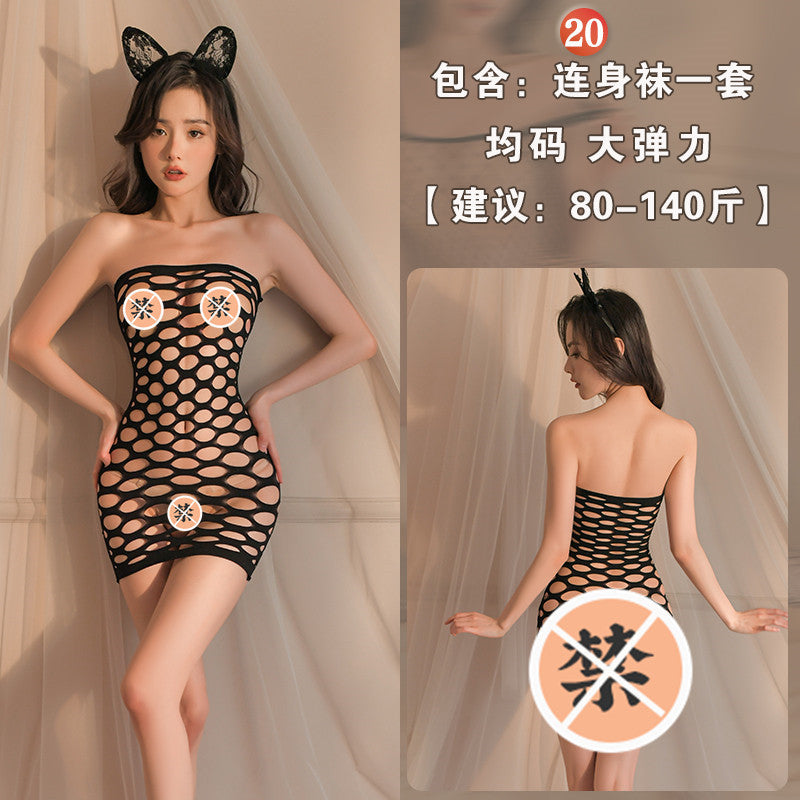 Black Mesh One-Piece Lingerie with Detachable Open Design and Stockings