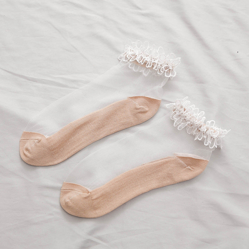 Lace Trim Sheer Ankle Socks - Cute Ruffle Cotton Socks