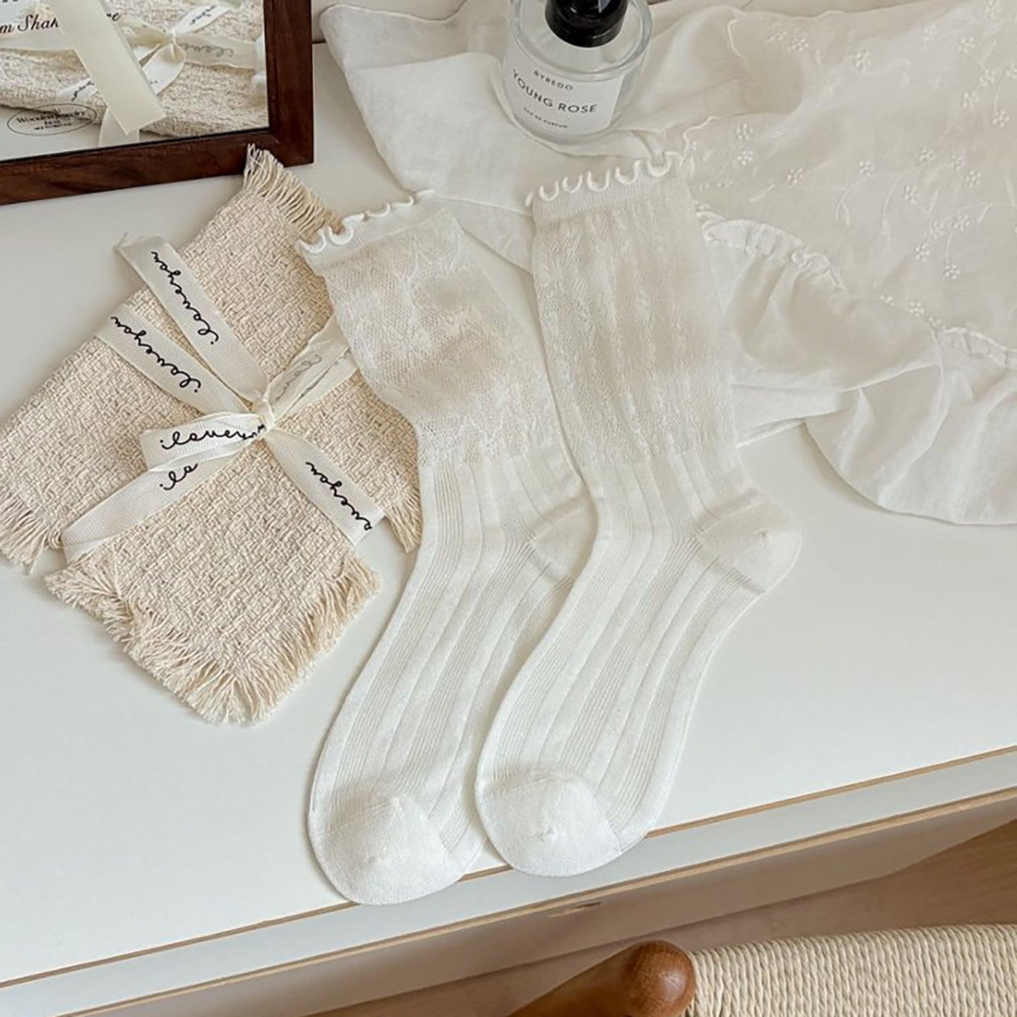 White Lace Ruffle Ankle Socks Women - Sheer Breathable Ballet Style