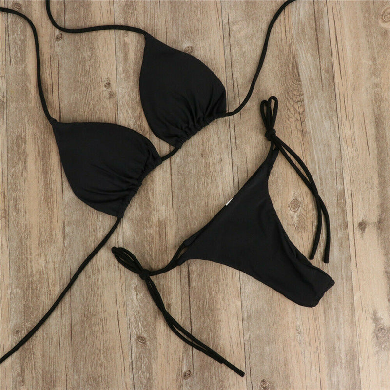 Pure Colour Three-Point Bikini with Adjustable Ties