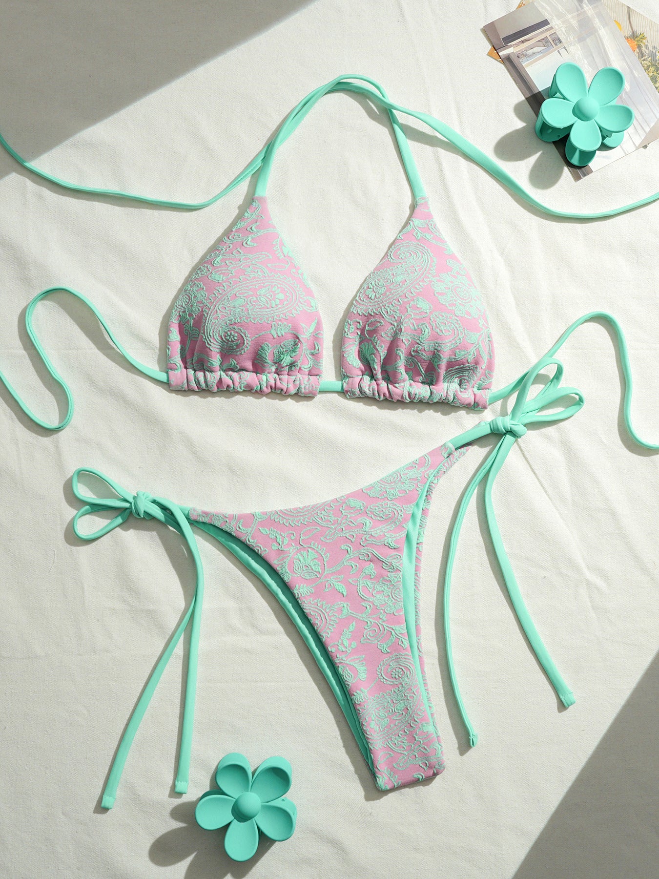Floral Print Tie Bikini Set - Pastel Patterns & Ruched Tops