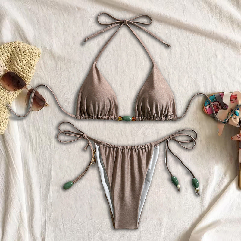 Halter Neck Maillard Brown Bikini Set with Tie Strings and Bead Detail