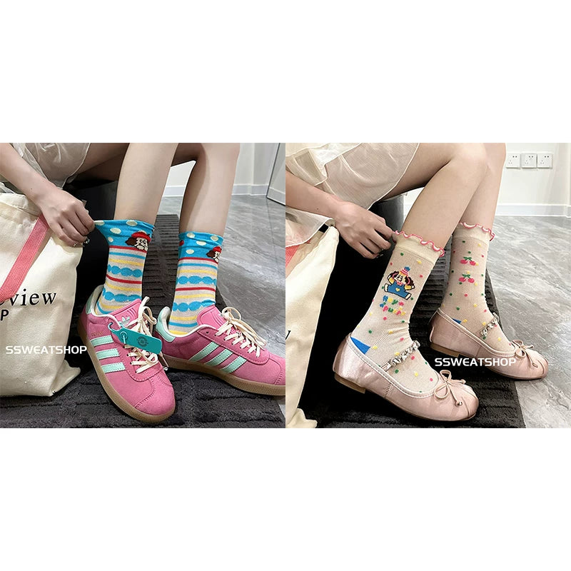 Sheer Lace Cute Dog Pattern Mid Calf Socks for Women - Breathable Thin Fashion