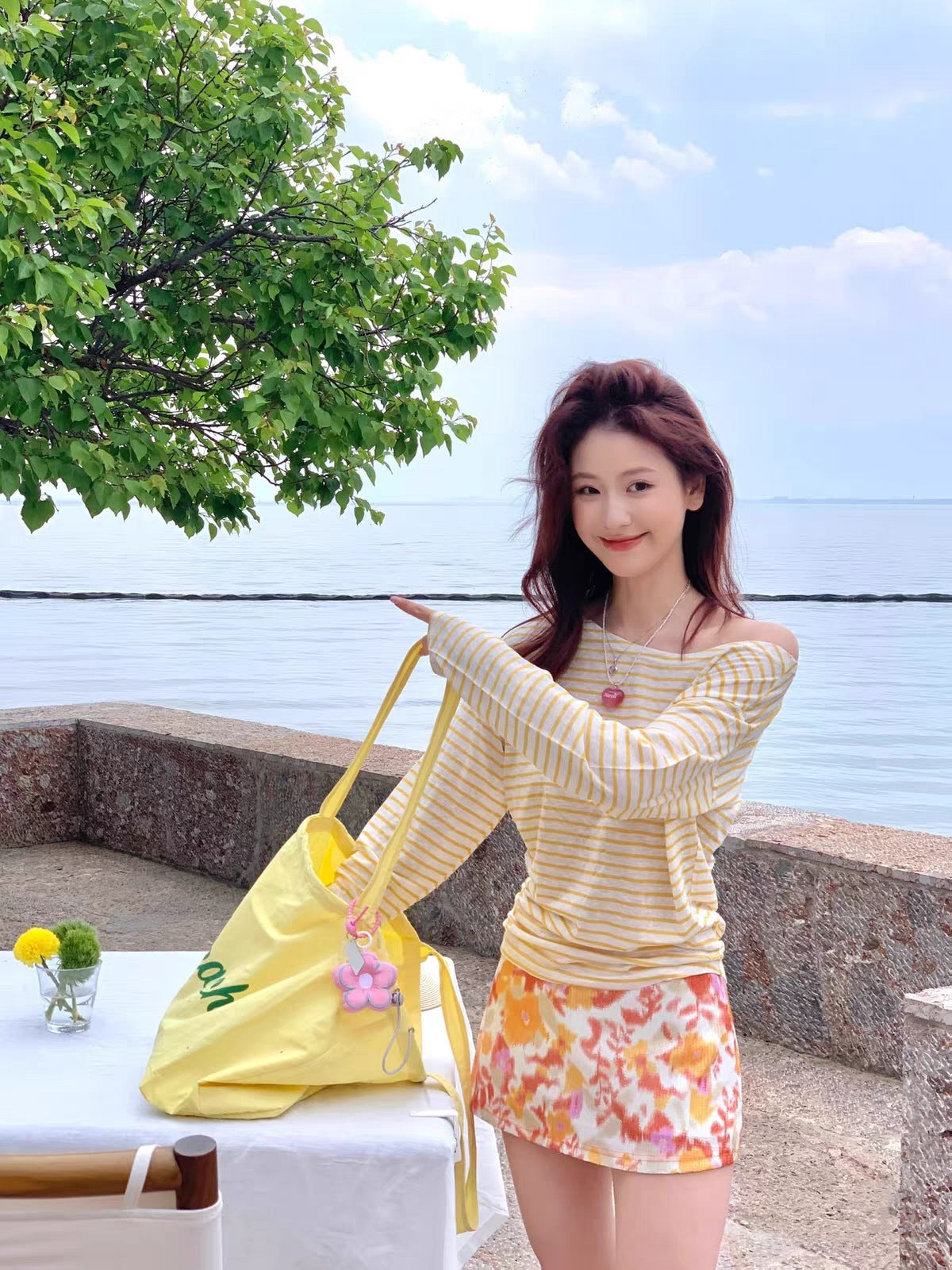 Multi-piece bikini set with long sleeve cover-up skirt for summer beach holiday