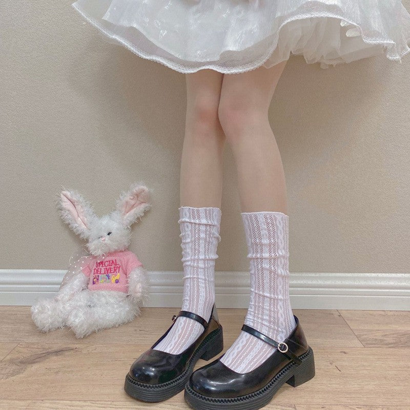 Lace Bow Mid-Calf Socks for Women - Cute Butterfly Frill Knee High Socks