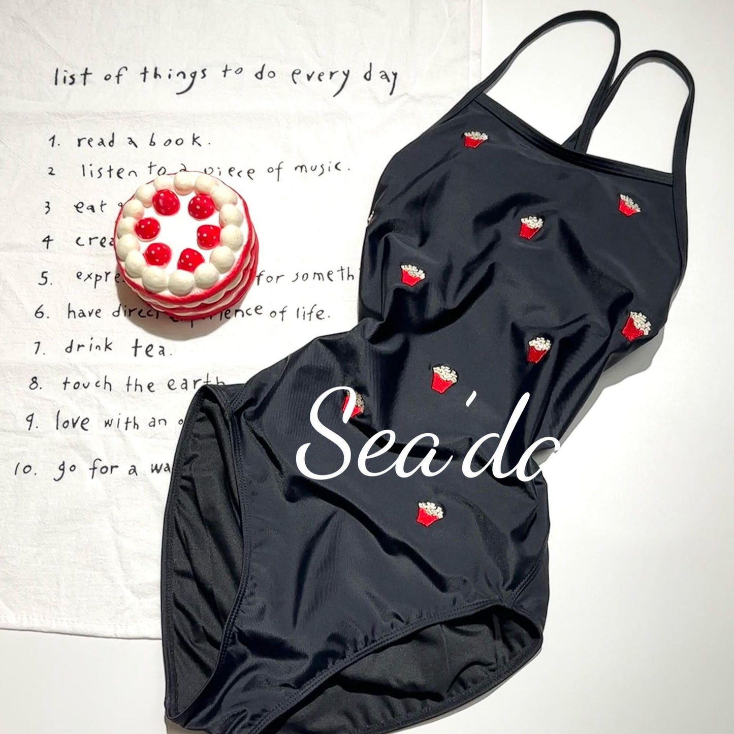 Black Matte One-Piece Swimwear with Popcorn Embroidery - High-Waisted Conservative Swimsuit