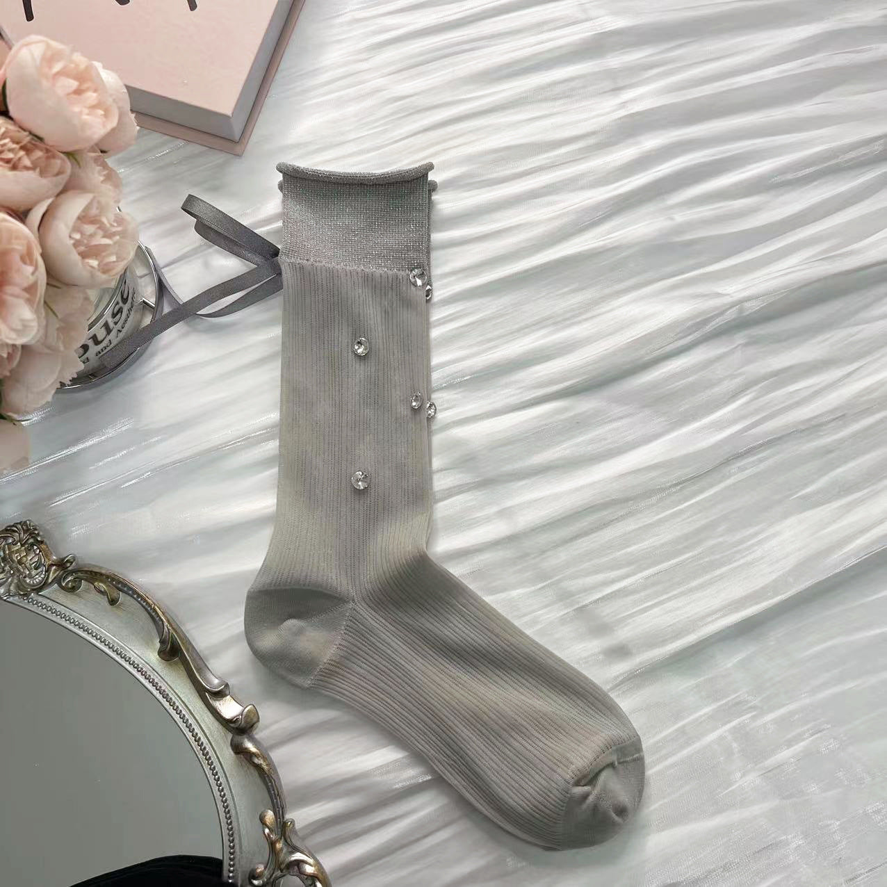 Bow Embellished Mid-Calf Socks with Rhinestones - Fairy Princess Style