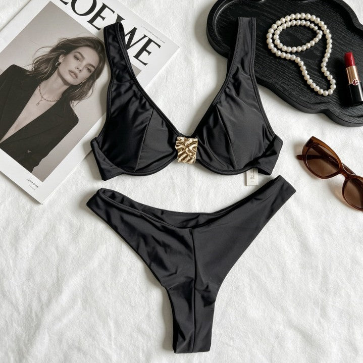 low waist steel bra bikini set, pure color seductive two-piece swimwear